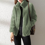 Double Faced Fleece Warm High Neck Sweater Women Cardigan vafini