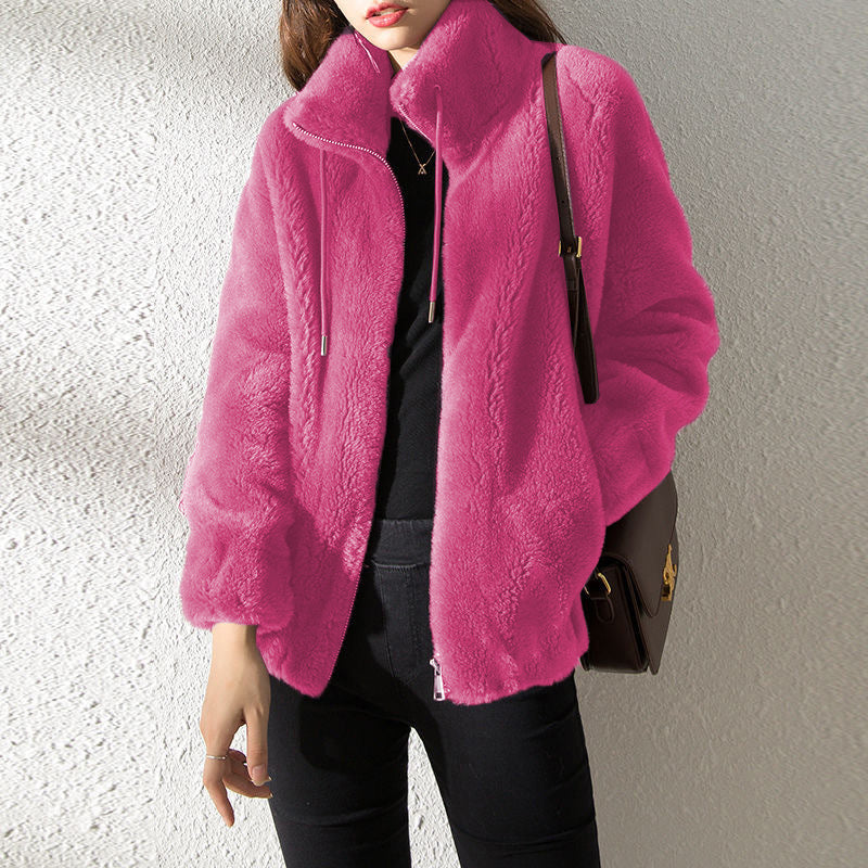 Double Faced Fleece Warm High Neck Sweater Women Cardigan vafini