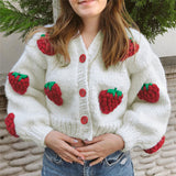 Female Cute Strawberry Loose V-neck Cardigan Sweater vafini