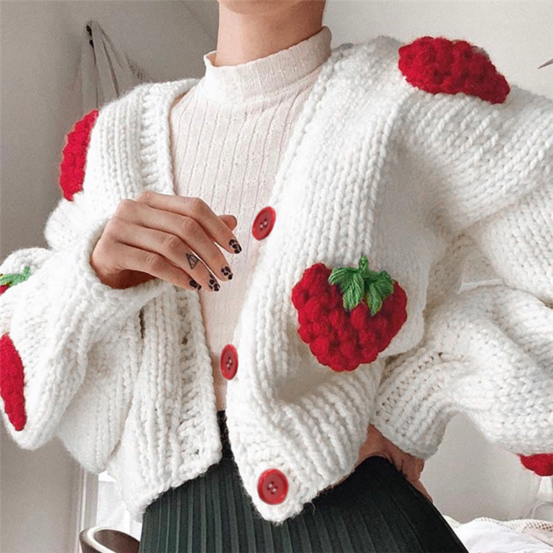 Female Cute Strawberry Loose V-neck Cardigan Sweater vafini