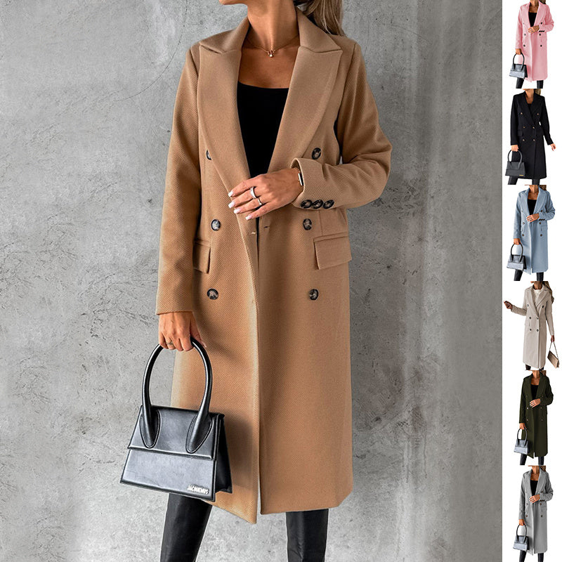 Long Sleeve Lapel Coat Winter Fashion Solid Double Breasted Slim Long Jacket Womens Clothing vafini