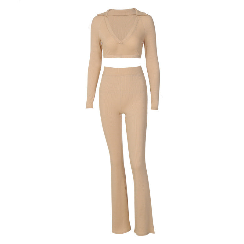 Solid Color V-Neck Long-Sleeve Top Micro-Flare Pants Two-Piece Set vafini