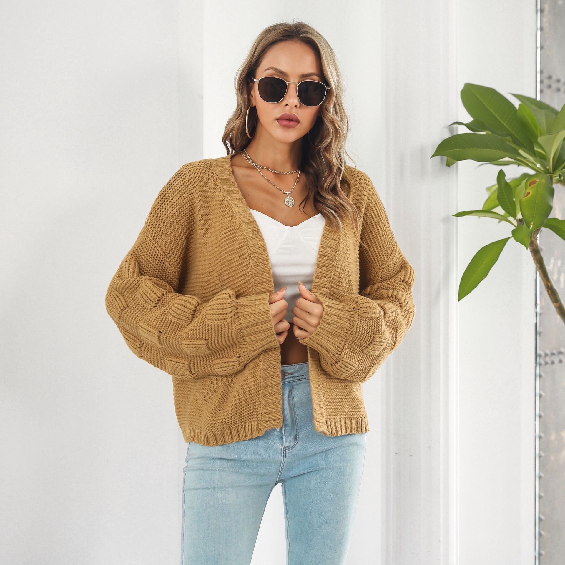 Puff Sleeve Cardigan Sweater Women Clothes Front Chunky Knitwear Coat vafini