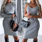 2pcs Suit Women's Solid Stripe Long-sleeved Top And Tight Suspender Skirt Fashion Autumn Winter Slim Clothing vafini