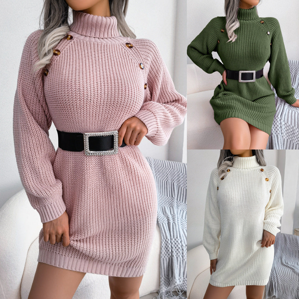 Winter Turtleneck Long Sweater Dress With Button Design Leisure Clinch Long Sleeve Base Sweater Women vafini