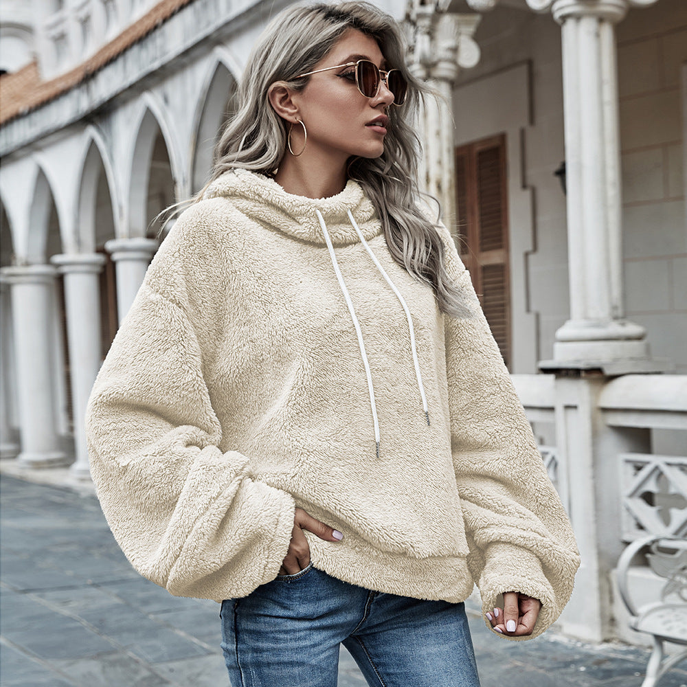 Hooded Solid Color Plush Loose Sweater Women  Sweater vafini