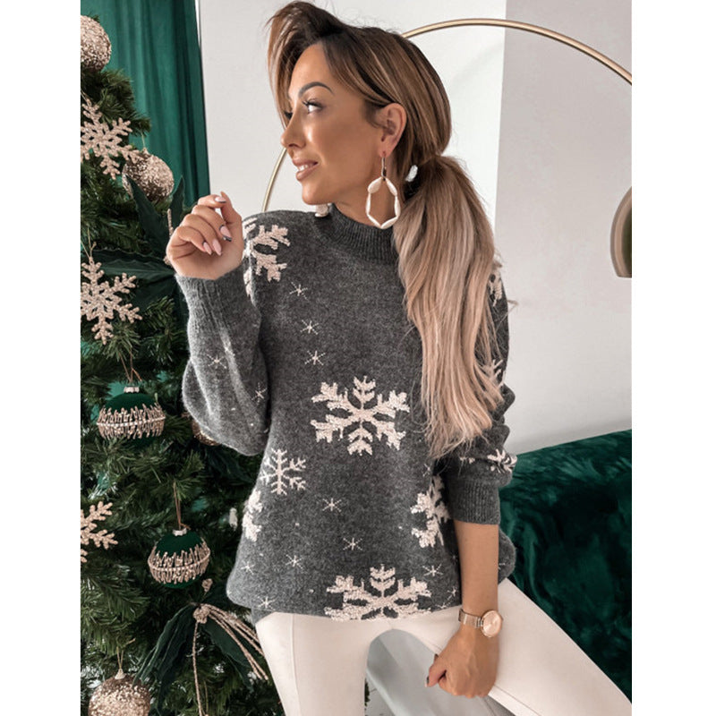 Fall Winter Women's Christmas Sweater Knitted Fluffy Loose Casual Christmas Snowflake Print Long Sleeves Pullovers Tops Streetwear vafini