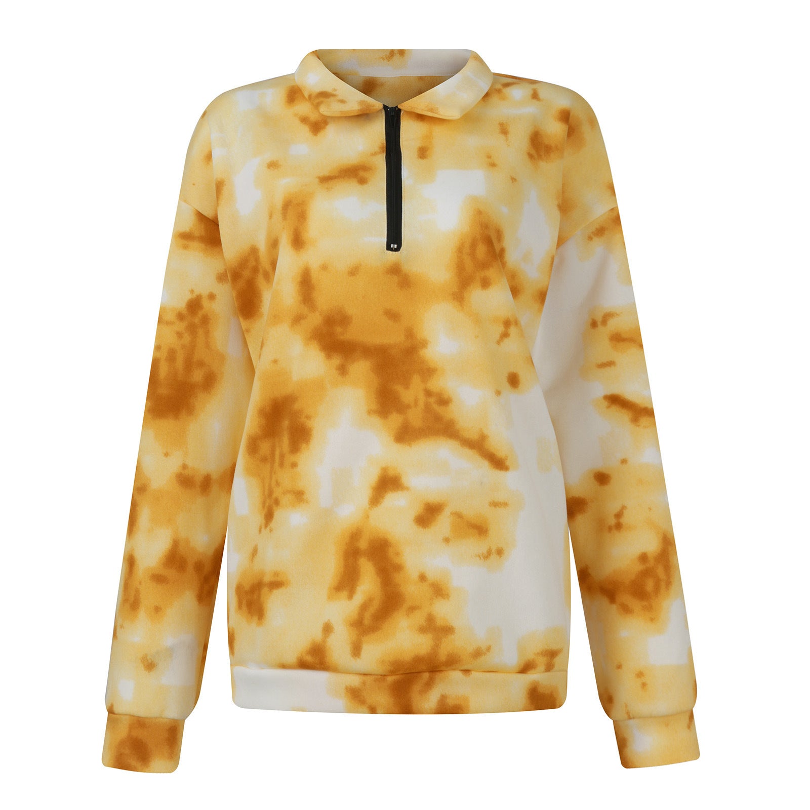 Tie Dye Printed Zippered Lapels Sweatshirt Womens Clothing Long Sleeve Loose Pocketless Top vafini