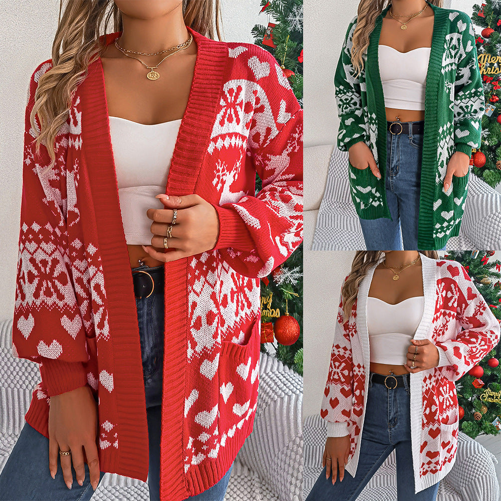 2024 Christmas Clothes Women's Open Front Cardigan Knitwear Lantern Sleeve Xmas Printed Oversized Deer Sweater Pockets Knitted vafini