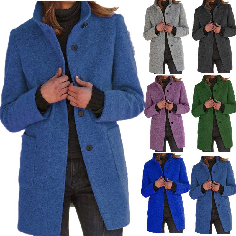 Fashion Stand Collar Woolen Coat With Pockets Fall Winter Casual Button Outwear For Women Clothing vafini