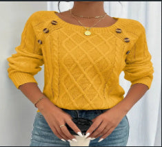 Square Neck Knitted Sweater With Button Design Winter Warm Long Sleeve Tops Women's Clothing vafini