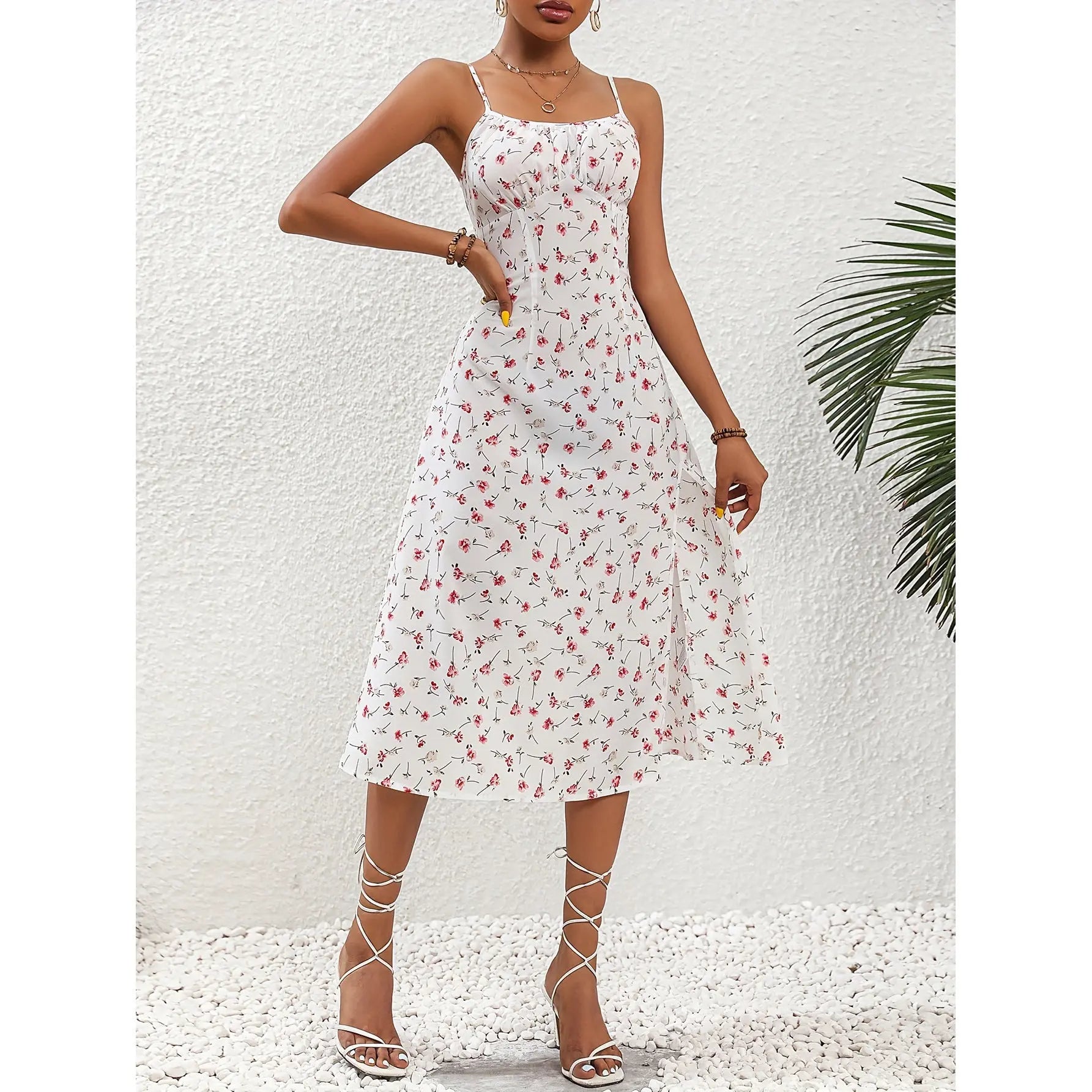 Robe maxi pour femme à pois avec suspendeur | Mode été robe maxi à pois - vafini