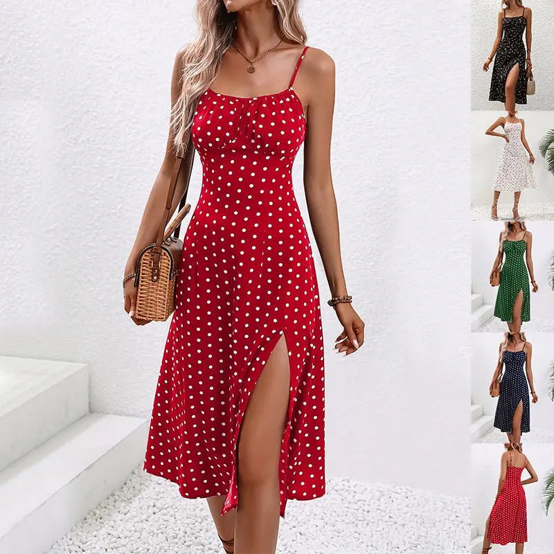 Robe maxi pour femme à pois avec suspendeur | Mode été robe maxi à pois - vafini