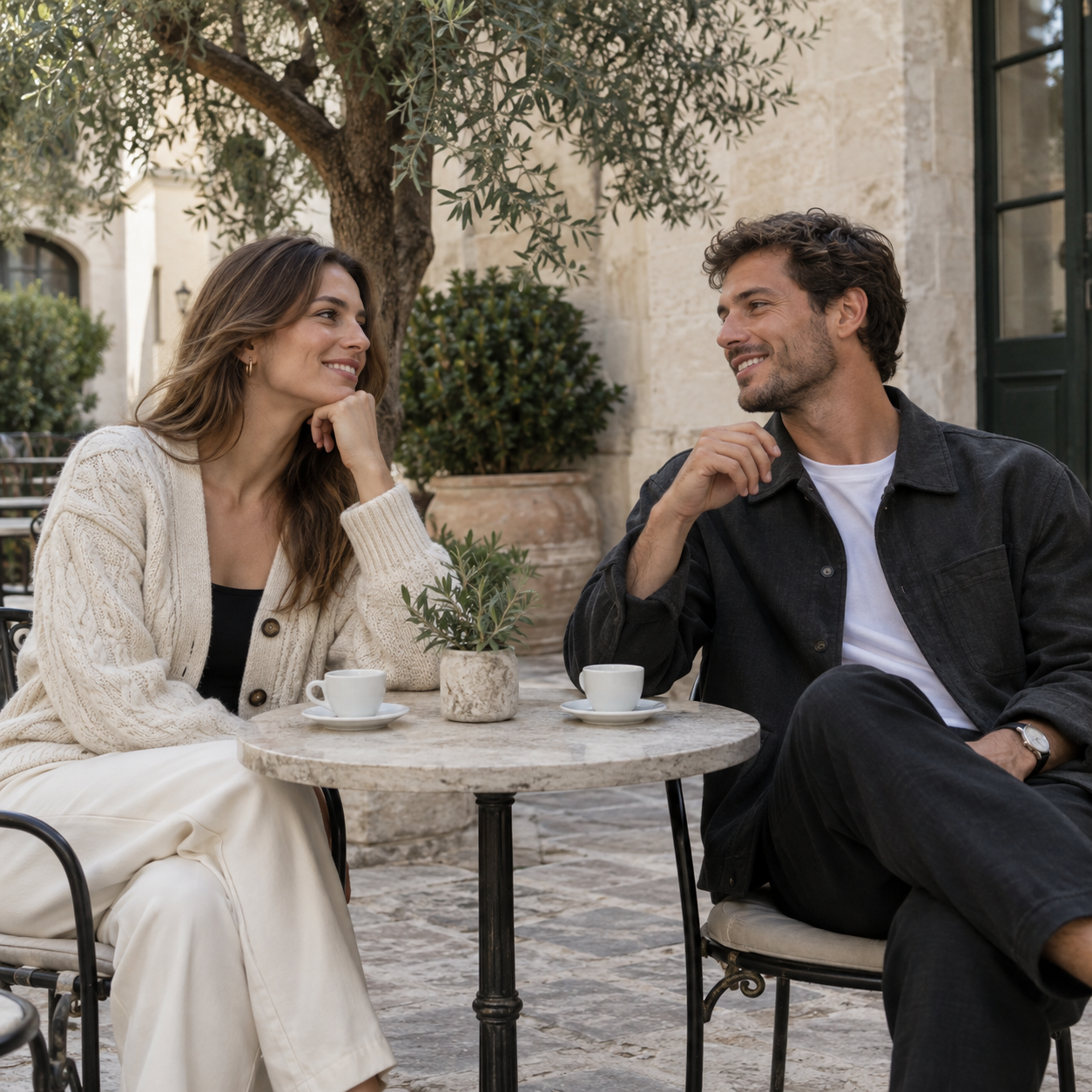A man and woman in everyday layers at an outdoor cafe