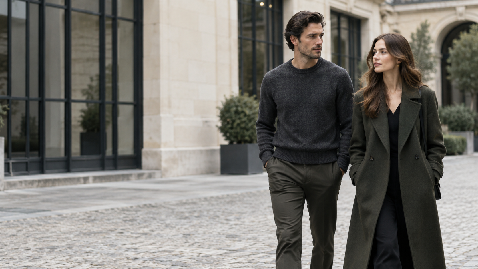 A man in a charcoal knit and a woman in a dark green coat in a limestone courtyard